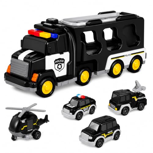 Image of Lifelong 5-in-1 Police Carrier Truck | Big Friction Powered Truck Toy with Lights, Siren & Sound | Police Car Set with Fire Truck, Ambulance, Helicopter | Birthday Gift Set for Boys, Girls 3-10 Yrs