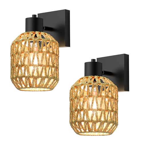 CHICLUX Boho Rattan Wall Sconces Set of Two Hardwired Farmhouse Wall Lamps with 330Adjustable Arm Indoor Rustic Wall Mount Light Fixtures for Bedroom Living Room Hallway Bulbs Not Included