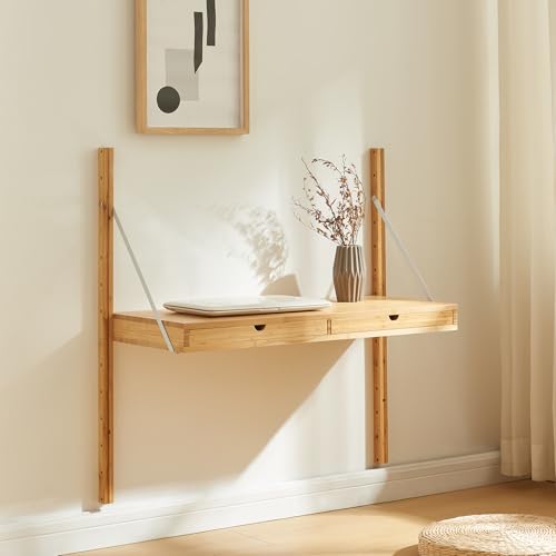 [en.casa] Estantería de Pared Tingvoll con 2 Cajones Regulables en Altura Estantería Mural para Salón Oficina Entrada Baño Bambú 85 x 85 x 36 cm - Natural