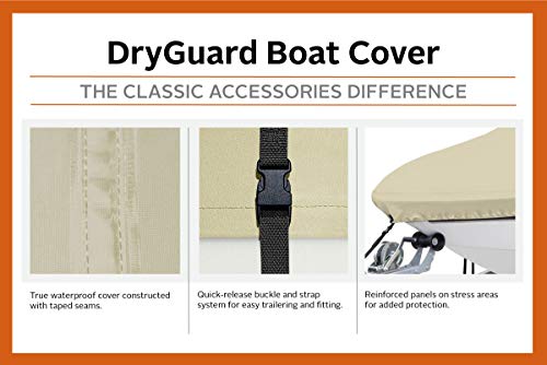 Classic Accessories Dryguard Beige Waterproof Boat Cover, 16' - 18.5' L X 98" W, Trailerable Boat Cover, Model C, Marine Grade Fabric, Water-Resistant, Fits V-Hull Runabouts Outboards And I/O #TOP3