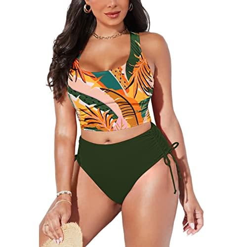 Pink Queen Women's Scoop Neck Racerback Ruched Crop Top High Waisted Bikini Sets 2 Piece Swimsuit Bathing Suit X-Large Army Green Printed