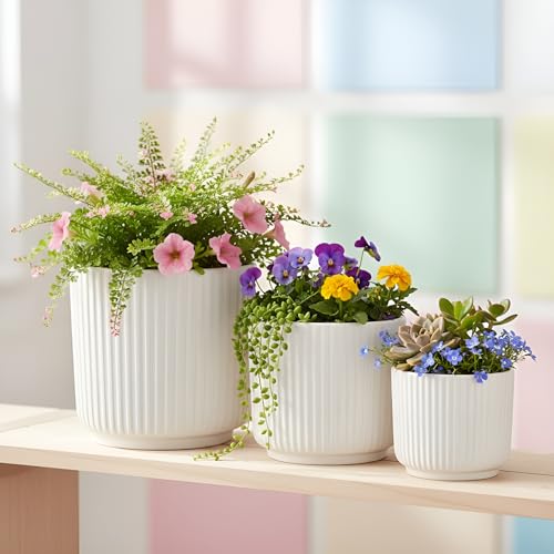 Image of Xtore Studio Ceramic Ribbed Planter Set | Vertical Groove Plant Pots for Home, Office, Balcony & Living Room Decor - (Set of 3, White, Planter ONLY)