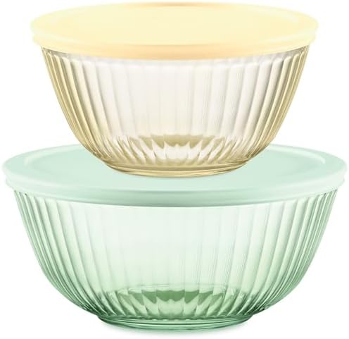 Pyrex Colors Tinted 4-PC, Small/Medium Glass Mixing Bowls With Lids, Nesting Space Saving Set of Bowls For Prepping and Baking, 1.3QT & 2.3QT