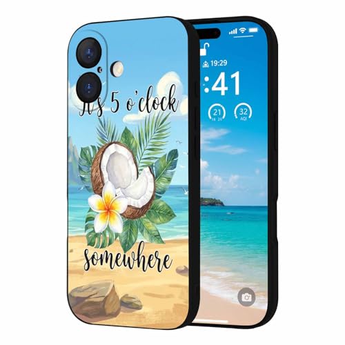 Compatible with iPhone 17 Case 6.3 inch, Summer Beach Phone Case It's 5 O'clock Somewhere Tropical Coconut Floral Ultra Slim Thin Silicone Cover Anti-Scratch Shockproof Protective Rubber Cover