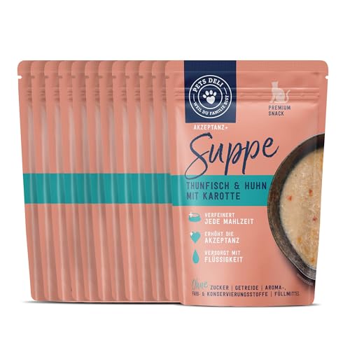 Pets Deli Suppen-Snack für Katzen mit Thunfisch, Hühnerfilet & Karotte ohne Zucker und Gluten 12 x 40g
