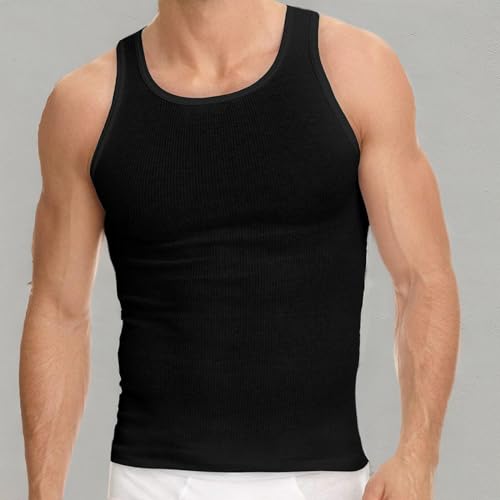 Mens 100% Cotton Tank Top A-Shirt Wife Beater Undershirt Ribbed Black 6 Pack (Black, Large)2