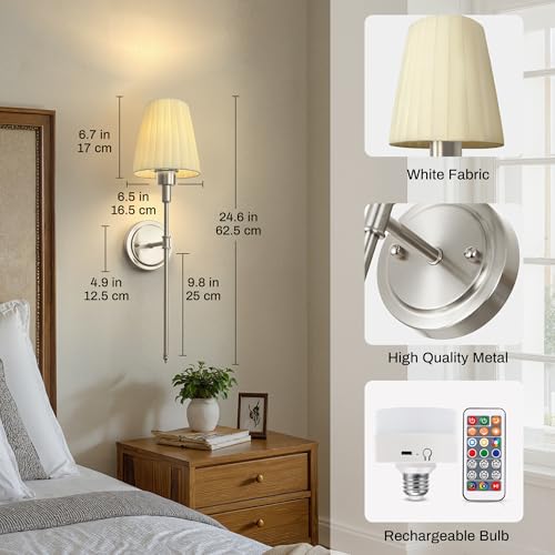 Image of DORESshop Battery Operated Wall Sconce Set of 2, 10 Color Wireless Wall Light Easy to Install, Sconce Wall Decor Set of 2 for Bedroom, Living Room, Pleated Fabric Shade, Nickel, 24.6in
