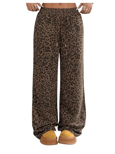 COZYEASE Women's Leopard Wide Leg Baggy Pants Drawstring Waist Y2K Trousers with Pocket