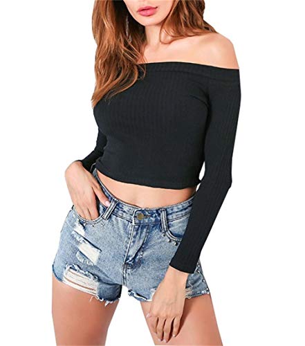 Artfish Women Off Shoulder Long Sleeve Rib-Knit Crop Top Slim Fit Tee Black,M