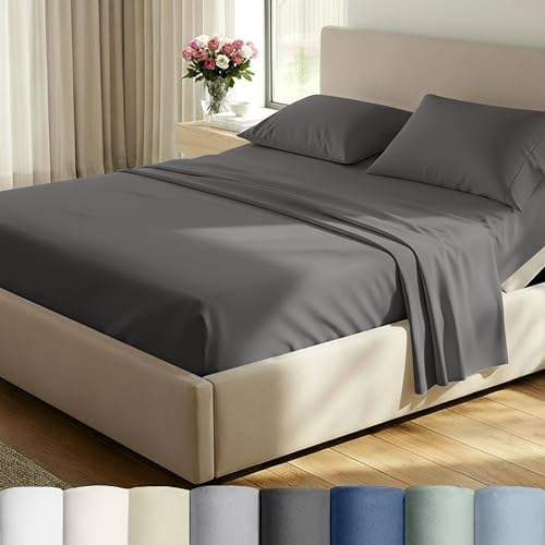 Image of California Design Den Sheet Set Split-King - 500 Thread Count 100% Cotton, Sateen Weave, Breathable Sheet Set, Luxury Sheets for Adjustable Bed Split King, 100% Cotton - Dark Grey