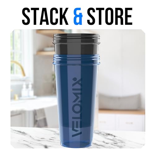 VELOMIX -2 Pack- 28 oz Protein Shaker Bottles Blue/Black