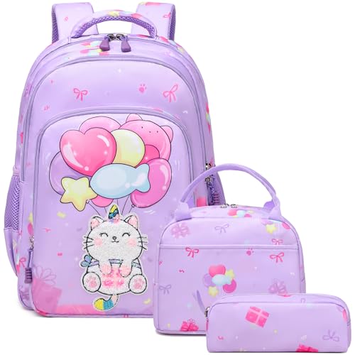 Kimwadalh Zaino Bambina Scuola Elementare Zaini Bambina Carino 3D Gatto Zaino Ragazza Set di 3 Zaini per la Scuola, Zaino Bambino + Bolsa de almuerzo + Astuccio