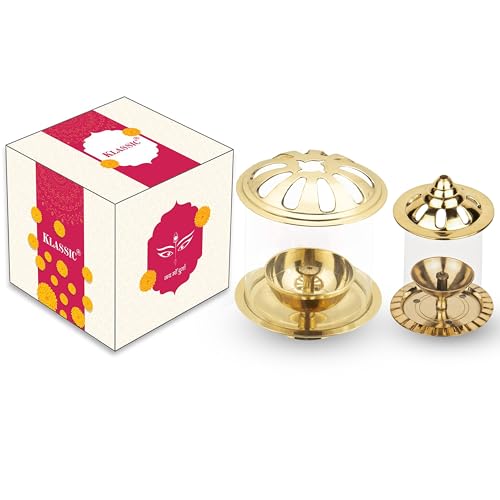 Image of Klassic Combo of Big Akhand Diya with Navjyoti Small Akhand Diya with Borosilicate Glass Shade for Mandir with Glass Cover Cylindrical Brass Diya