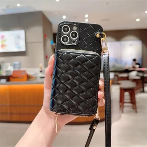 Étui portefeuille iPhone 15 Pro cuir noir bandoulière avec fente carte et fermeture zip