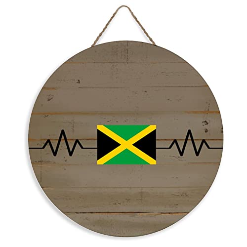 Yelolyio Letrero de madera con la bandera de Jamaica, diseño de latido del corazón, decoración de pared, divertido letrero de madera rústico de granja, letrero colgante de pared, placas de madera