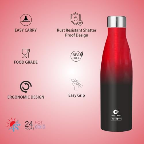 Image of Clay Craft Vacbott Gerald Double Tone Double Walled|18 Hours Hot and 24 Hours Cold Vacuum Insulated|Thermosteel|Flask 500ml|2 Pcs, Steel Bottles for Travelling|BIS Certified|1Year Limited Warranty