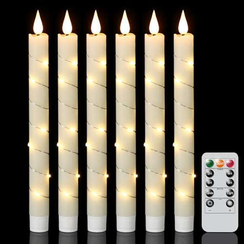 Image of GenSwin Flameless Taper Candles with Remote and String Lights, Ivory Real Wax Taper Candles Battery Operated, LED Flameless Battery Candlesticks for Home Holiday Decor(Set of 6)
