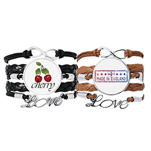 Pulsera de cuero diseño Inglaterra juego doble cuerda de piel diseño cereza unisex