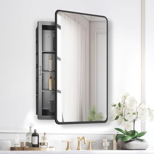 Image of 17x27 Medicine Cabinet with Mirror, Black Metal, Recessed or Surface Mount