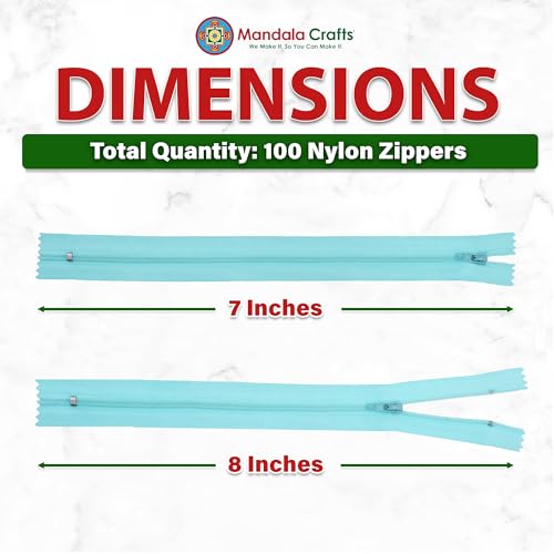 Image of Mandala Crafts 100 PCs Turquoise Closed-End 7 Inch Nylon Zippers for Sewing