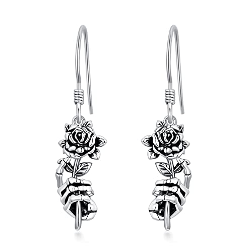 Shusukue Boucles d'oreilles tête de mort en argent 925 à suspendre - Cadeau pour femme - Crâne rose / main gothique - Cadeau gothique pour les amateurs de Goth - Femme Halloween, Argent sterling