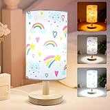 Rainbow Lamp for Girls Bedroom,Gifts for Girls-3 Color Modes Nightstand Night Light Lamp,Wood Base Flaxen Fabric Shade Desk Reading Lamp for Bedroom Living Room Office Christmas Gifts for Girl