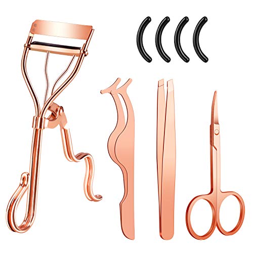 Eyelash Curler, Terresa 4 in 1 Beauty Eye Lash Curlers with Tweezers and Replacement Silicone Refill Pads, Women Makeup Kits for All Eye Shapes (Rose Gold)
