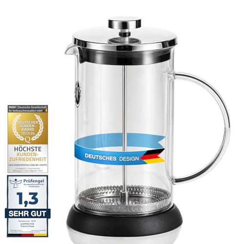 Coffee Fox French Press aus Glas Kaffeezubereiter Pressfilterkanne 1 Liter Kaffeebereiter Spülmaschinenfest
