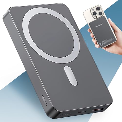 PORTENTUM Power bank per MagSafe 10000 mAh ultra-sottile 14 mm – Caricatore portatile magnetico ricarica rapida 22,5 W PD e QC – Powerbank wireless Qi 15 W – USB-C + USB-A compatibile iPhone