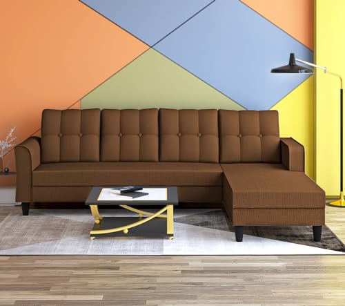 Image of Adorn India Maddox Tufted L Shape 5 Seater Sofa Set RHS (Brown) (3 Year Warranty)