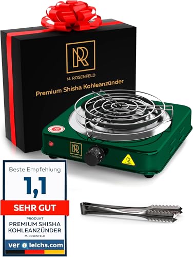 M. ROSENFELD Shisha Kohleanzünder für Shisha Kohle - Elektrischer Kohleanzünder BLACK HEAT 1000W + Shisha Zubehör Set Edelstahl Kohle Gitter & Shisha Zange Kohlegrill Shisha 150cm Kabel (Grün)