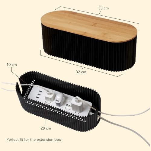 Image of Soko Cable Management Box with Bamboo Lid | Cords Hider & Surge Protector | Concealer for Power Strips, Router, TV, Gadget Wires Storage Organiser Tray for Desk, Table - Home, Office - Black
