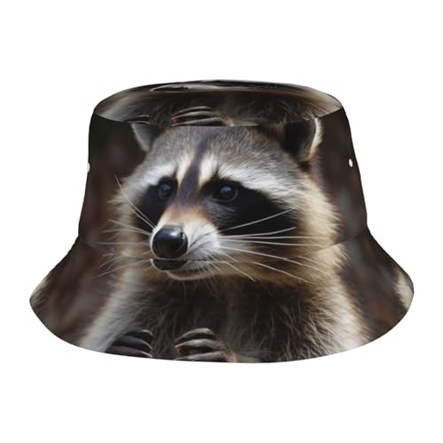 Unisex Cute Bucket Hat Summer Travel Fisherman Cap Raccoon Beach Travel Sun Hat Outdoor Cap Black