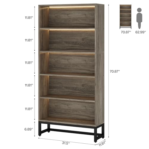 Image of Tribesigns Tall Bookcase Bookshelf, 70.8 inch Large Bookcases Organizer with LED Lights, Heavy Duty Free-Standing Library Bookshelf with 5-Tier Storage Shelves for Living Room, Bedroom (Gray)