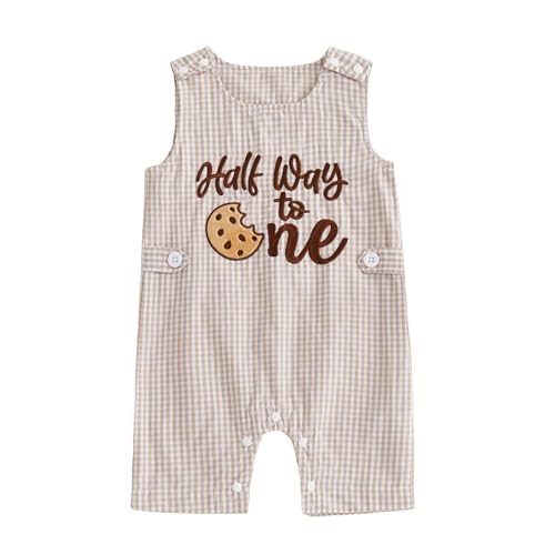Lamuusaa Half Birthday Outfit Baby Boy Half Way to One Romper Plaid Bodysuit One Piece Jumpsuit Summer Cake Smash Outfit (Sandy Beige 6-12 Months)