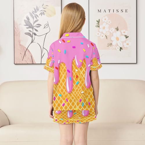 Satin Pajama Sets Short Sleeve Ice Cream Pink Button Down Silky Nightwear 2 Piece PJS 5-14Y4