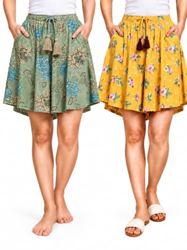 Image of B STORIES Women's Viscose Printed Lounge Culotte Shorts (Pack of 2)