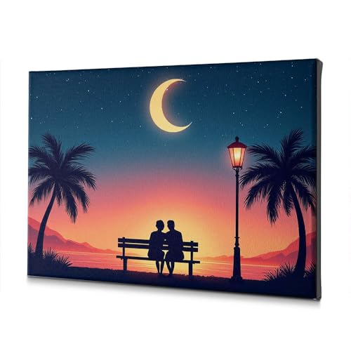Toile murale salon couple banc et lune 40x60cm pour déco chambre cocooning