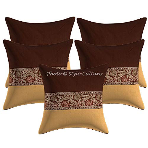 Stylo Culture Étnico Polidupion Fundas De Cojines Decorativos 40 x 40 40 x 40 Marrón Beige Tradicional Decorativo Brocado Jacquard Trabajo De Parche 16x16 Inch Floral Fundas De Almohada Conjunto De 5 Cover