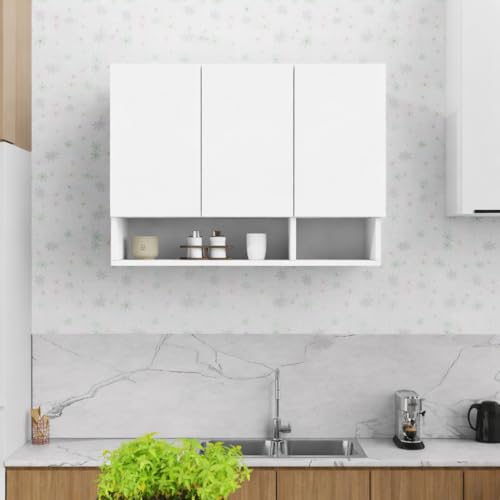 Image of 3 Door Multipurpose Wall Mounted Cabinet with Adjustable Shelf | Storage for Kitchen, Bathroom, Bedroom, Office & Living Room | Assembly-DIY | Color-White | Size-90x33x63.8 Cm