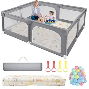 Sour Lemon Baby Playpen with Play Mat, 79×71 inch Extra Large Playpen for Babies and Toddlers, Baby Fence Play Pen Yard with Safety Gate Fence with 50 Ocean Balls 4 Pull Rings for Kids Indoor Outdoor