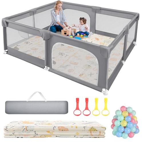 Sour Lemon Baby Playpen with Play Mat, 79×71 inch Extra Large Playpen for Babies and Toddlers, Baby Fence Play Pen Yard with Safety Gate Fence with 50 Ocean Balls 4 Pull Rings for Kids Indoor Outdoor