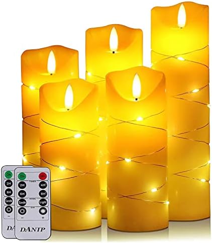 danip LED flameless Candle, with Embedded Starlight String, 5-Piece , with 10-Key Remote Control, 24-Hour Timer Function, Dancing Flame, Real Wax, Battery-Powered. (Ivory White)