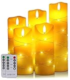LED flameless Candle, with Embedded Starlight String,（ danip)5-Piece LED Candle, with 10-Key Remote Control, 24-Hour Timer Function, Dancing Flame, Real Wax, Battery-Powered. (Ivory White)