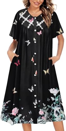 Ekouaer House Dress for Women Button Down Nightgown Short Sleeve Housecoat with pockets S-4XL,Black Butterfly,S