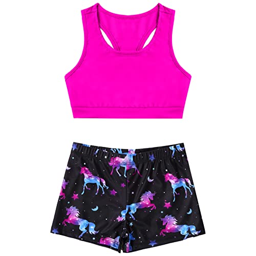 Yartina Kids Girls Sports Dance Gymnastics Leotard 2Pcs Outfits Racer Back Solid Crop Tops with Booty Shorts3