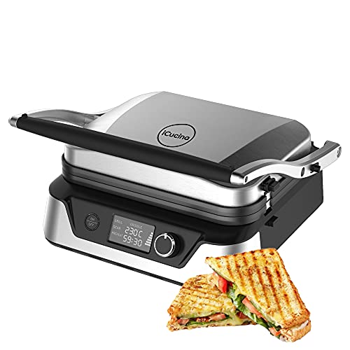 iCucina Panini Maker|1500W Non-Stick Electric Panini Maker|Stainless Steel Silver |Handle Bar A La Plancha