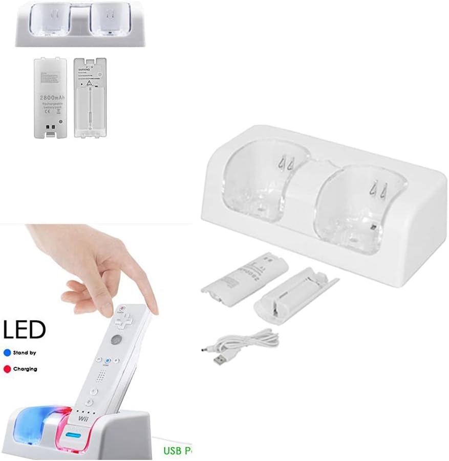 Wii Two-in-one Dual Charging Station Suitable for Wii Controller Rechargeable Batteries with Two 2800MAH White Charging Dock for Multiple Devices