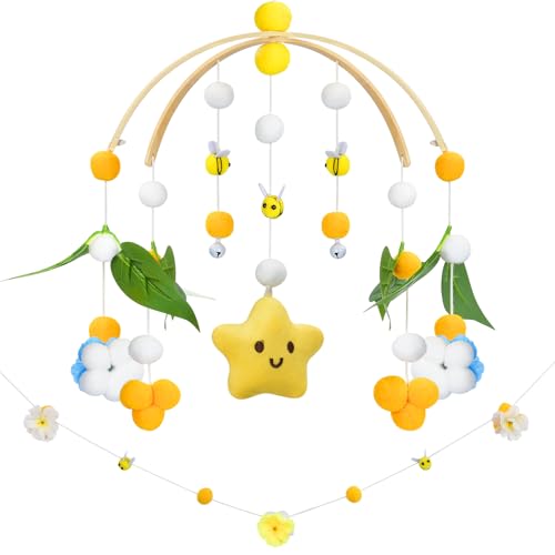 Baby Mobile for Crib Crib Nursery Mobile for Boys Stars Bee Flower Nursery Decor Soothe Baby Shower Set for Infant Bedroom Hanging Decoration ?White Yellow