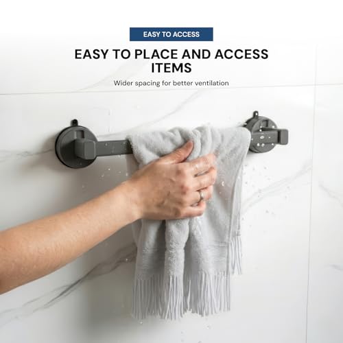 Image of Amazon Basics Suction Towel Holder for Bathroom - Rust - Free Powder Coated Wall Mounted Towel Rack No Drill Towel Rack Modern Bathroom Accessories Organizer Grey